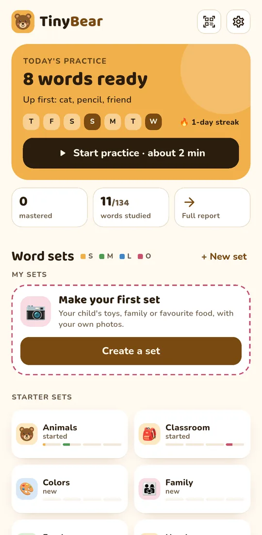 TinyBear home screen: today's practice with 8 words ready, and the word sets