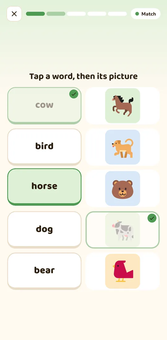 Match game: words cow, bird, horse, dog and bear next to their pictures