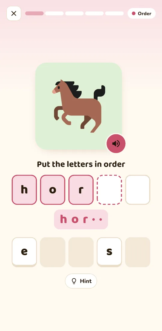 Order game: a horse picture and the letters h, o, r placed, with e and s left