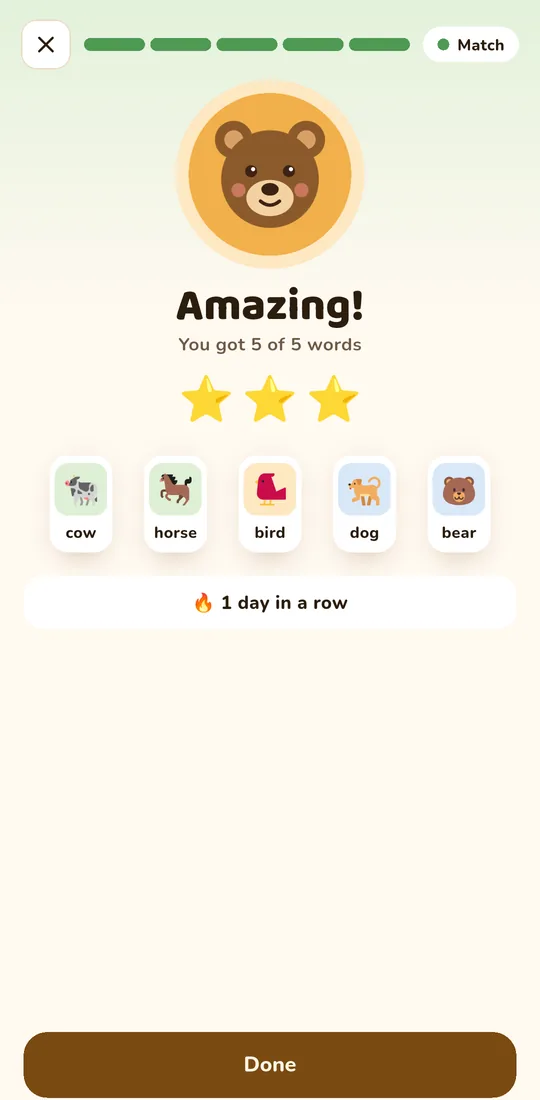 Results screen: Amazing! You got 5 of 5 words, three stars, and 1 day in a row