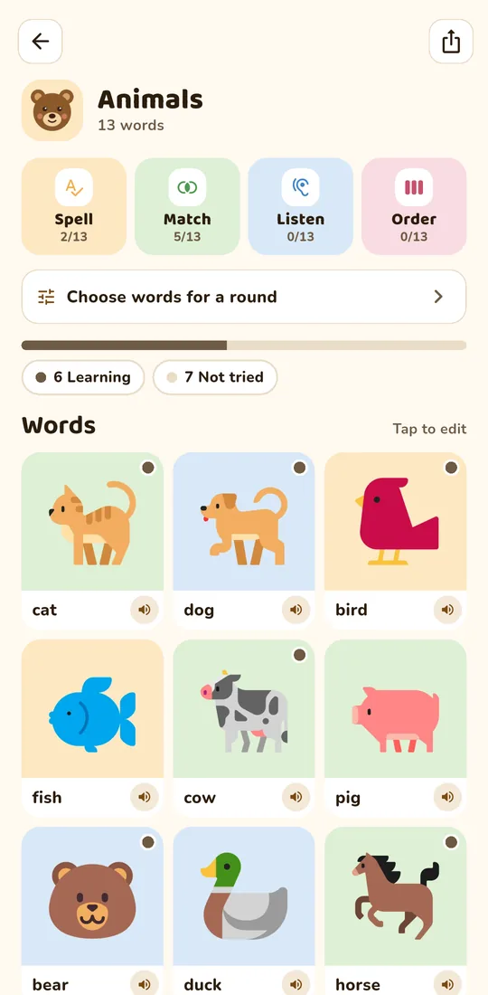 A word set called Animals: cat, dog, bird, fish, cow and pig, each with a picture and a speaker button