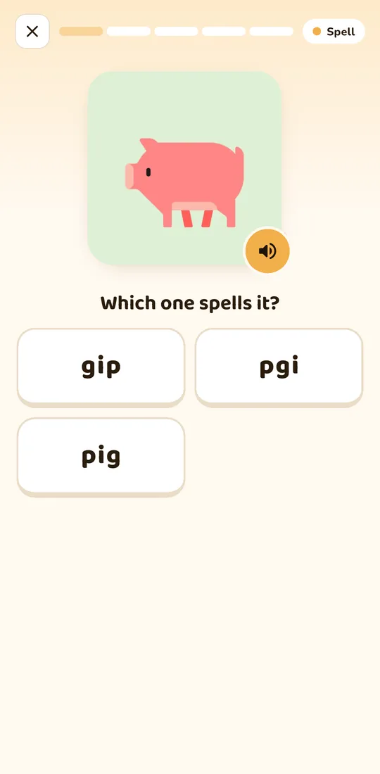 Spell game: a pig picture with the choices gip, pgi and pig